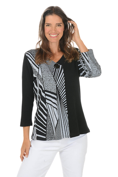 A black and white tula single button v-neck top.