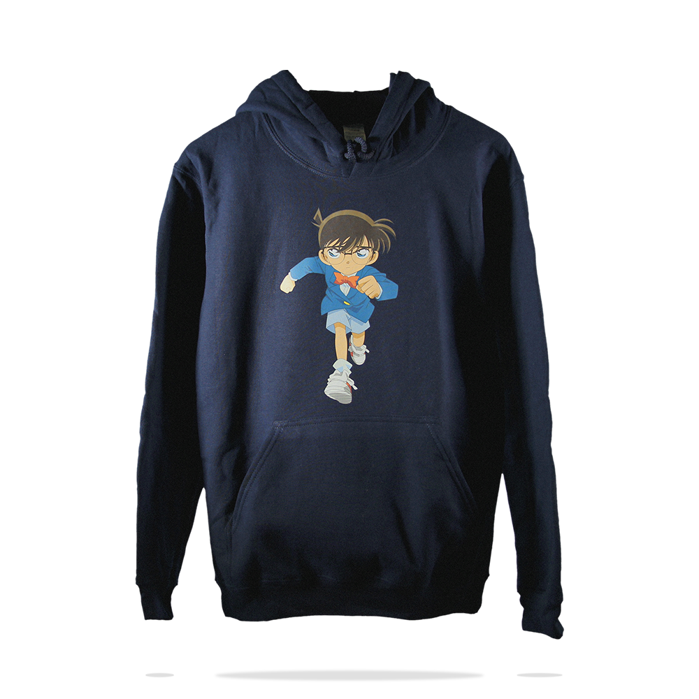 Front printing on navy blue cotton fleece pull over hoodie sweatshirt SJ Clothing Co M