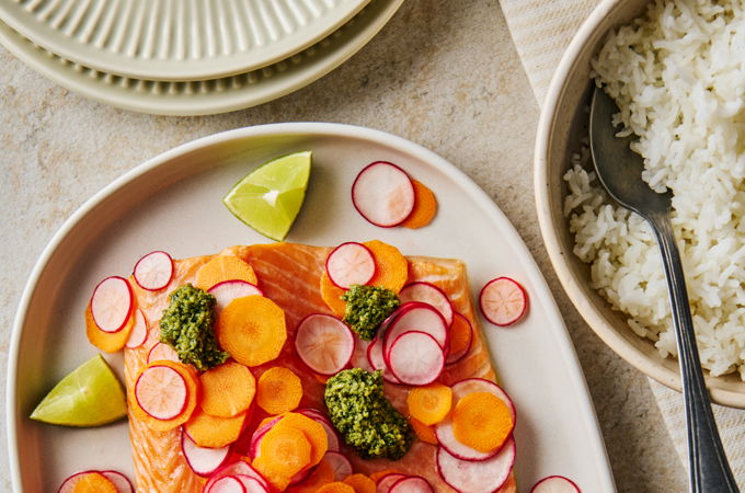 Salmon with Cilantro-Cashew Pesto and Marinated Vegetables