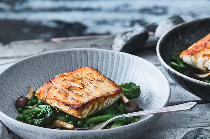Seared Halibut with Mushrooms and Peas