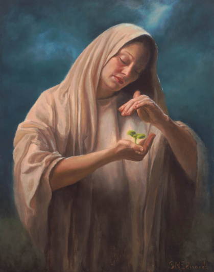 Painting of a biblical woman holding a sprout in her hand and protecting it with her other hand.
