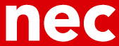 White lowercase letters nec on a red rectangular background.