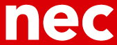 White lowercase letters nec on a red rectangular background.
