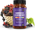 a bottle of our best elderberry gummy supplement surrounded by elderberry fruits