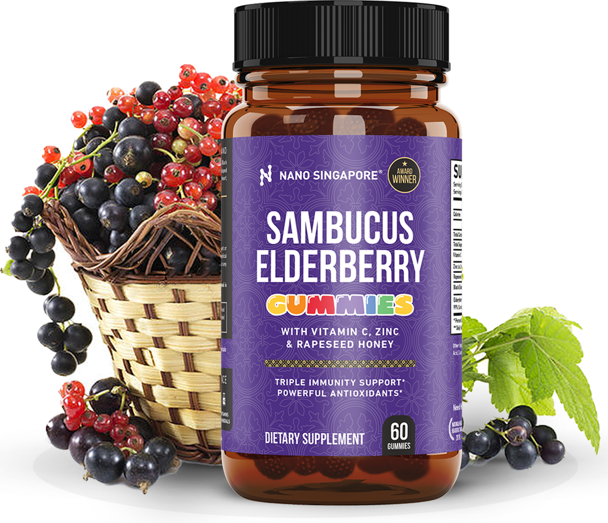 a bottle of our best elderberry gummy supplement surrounded by elderberry fruits