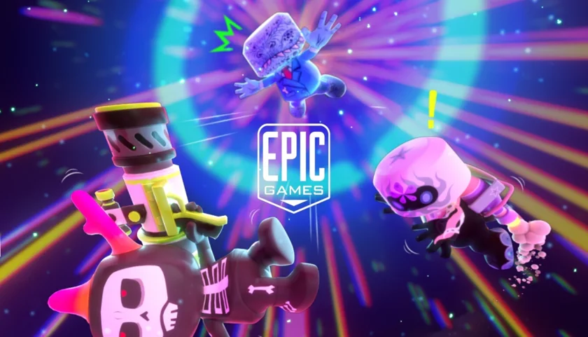 An image on epic games partnership with Blankos, Blankos characters flying around epic games logo