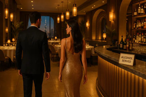 Elegant couple in evening wear entering a luxurious restaurant with bar and tables. Woman in gold dress, man in suit. City skyline seen through window.