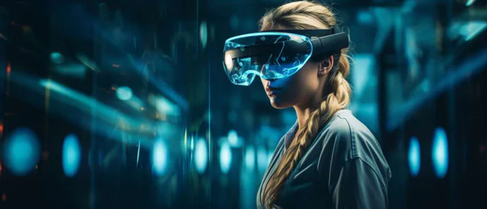 Nurse using VR headset to improve patient care in a bright setting.