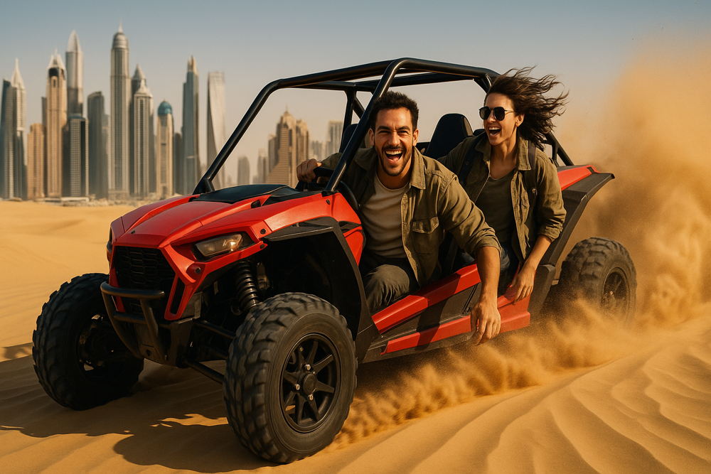 Excited couple riding a red dune buggy fast through the desert, kicking up sand with a modern city skyline visible in the distance under a clear sky.