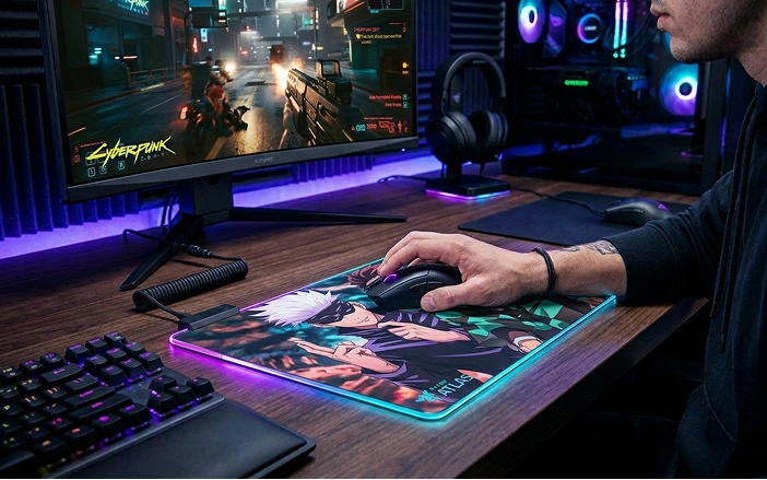 Custom glass mousepad with RGB lighting in a gaming desk setup