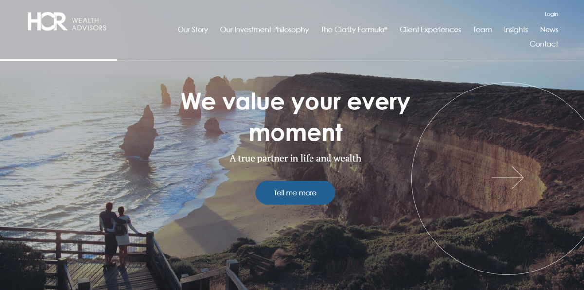 Screenshot of HCR Wealth Advisors, from the financial advisor websites collection.