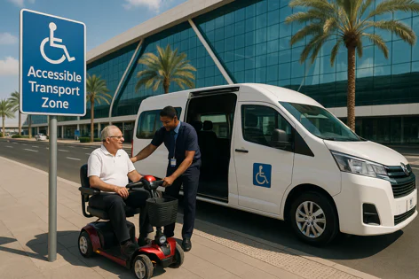 A service provider assists an elderly man on a mobility scooter near an accessible transport zone sign and a white accessible van.