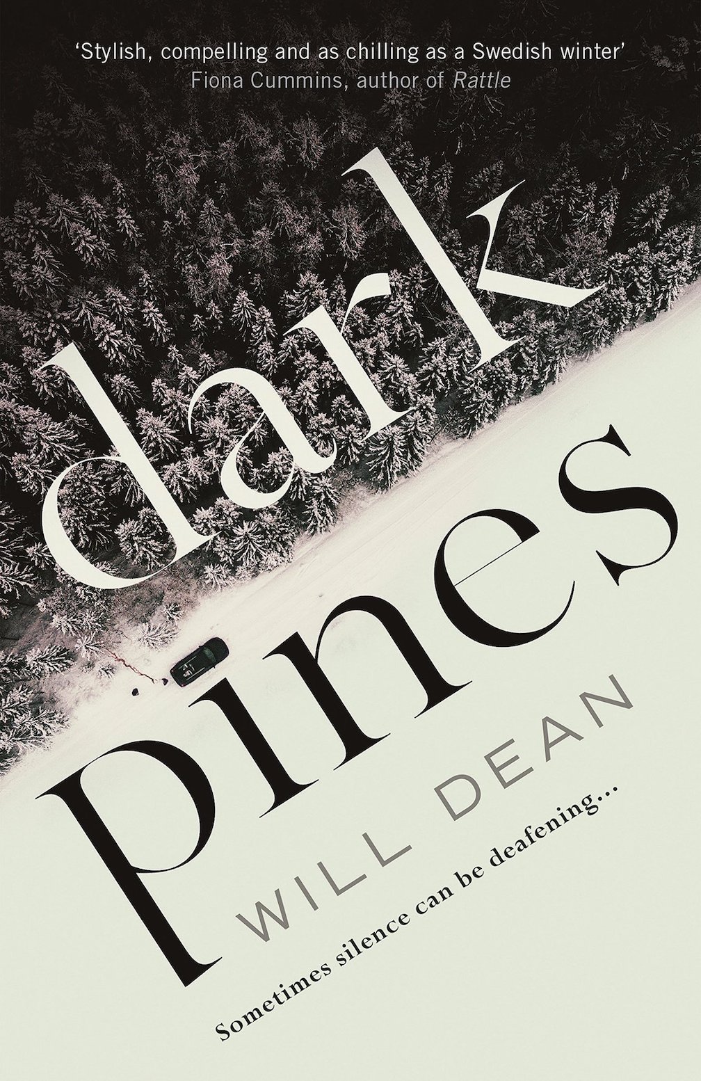 The book cover of dark pines that has a clear divide between the snow and the dense forrest.