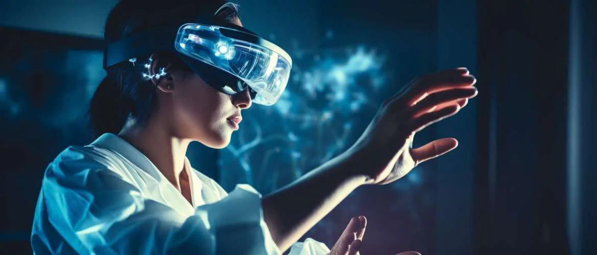 Nurse's hands putting on VR headset with hospital room background.
