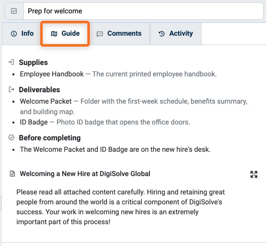 Guide tab of a Task showing Supplies, Deliverables, Before completing, and an Embedded Resource