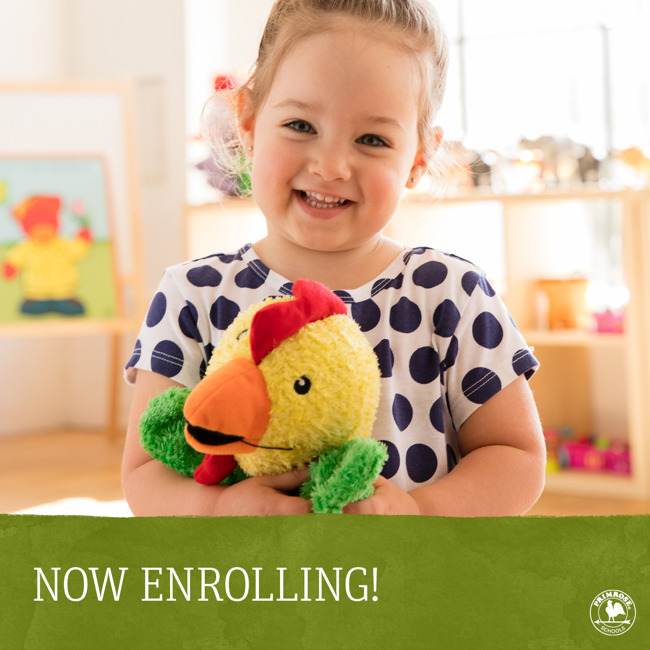 Now enrolling poster featuring a happy toddler holding Percy the chicken