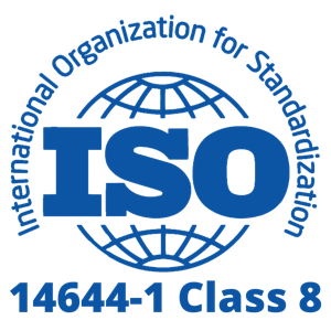 Logo of the International Organization for Standardization (ISO) with a globe design. Text reads ISO in large letters and 14644-1 Class 8 below, indicating a cleanroom classification standard.