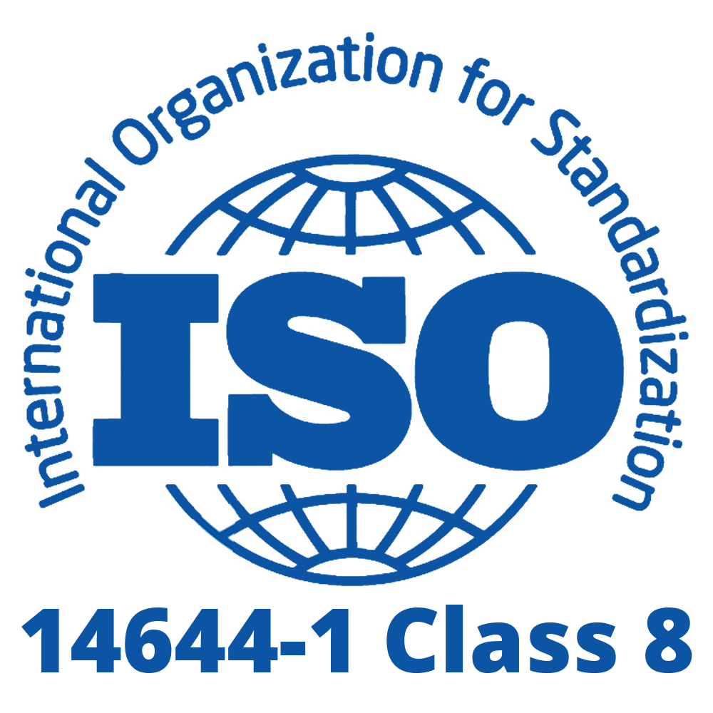 Logo of the International Organization for Standardization (ISO) with a globe design. Text reads ISO in large letters and 14644-1 Class 8 below, indicating a cleanroom classification standard.
