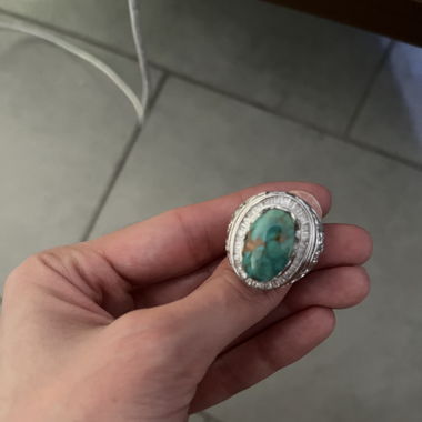 Silver Turquoise Ring with Ornate Design