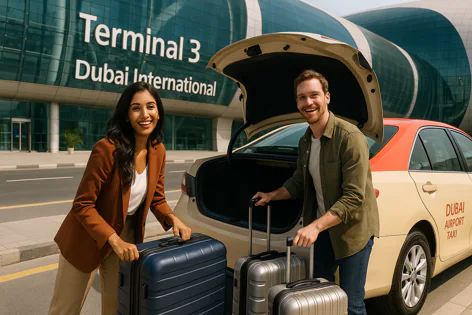 A smiling couple loads blue and silver suitcases into the trunk of a Dubai Airport taxi outside Terminal 3 at Dubai International airport.