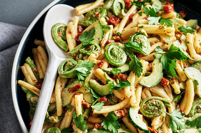 Chorizo and Fiddlehead Pasta Salad