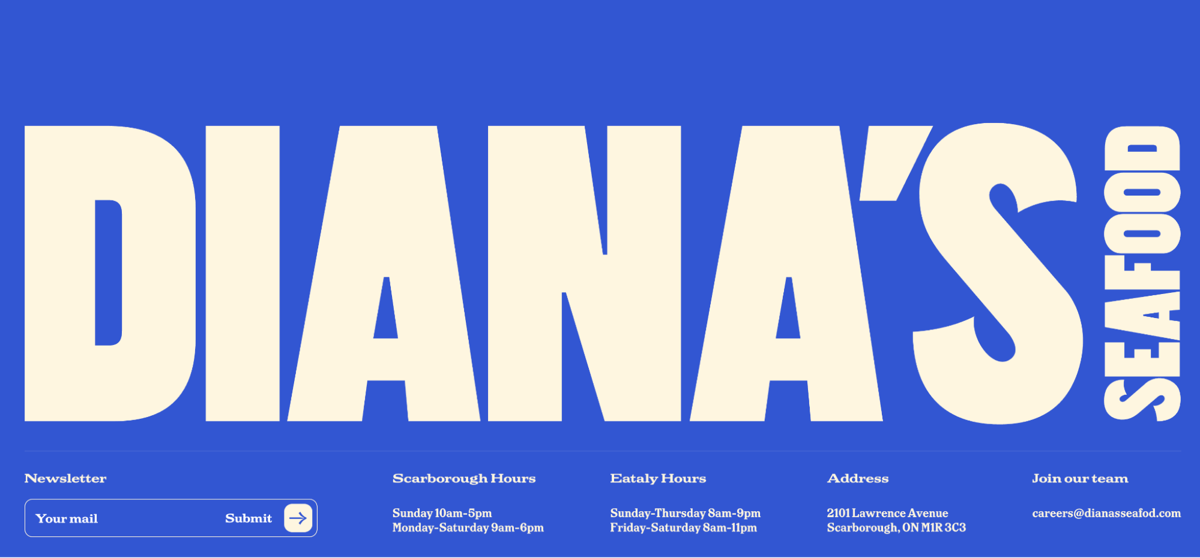 Screenshot of Diana's Seafood, from the website footer designs collection.