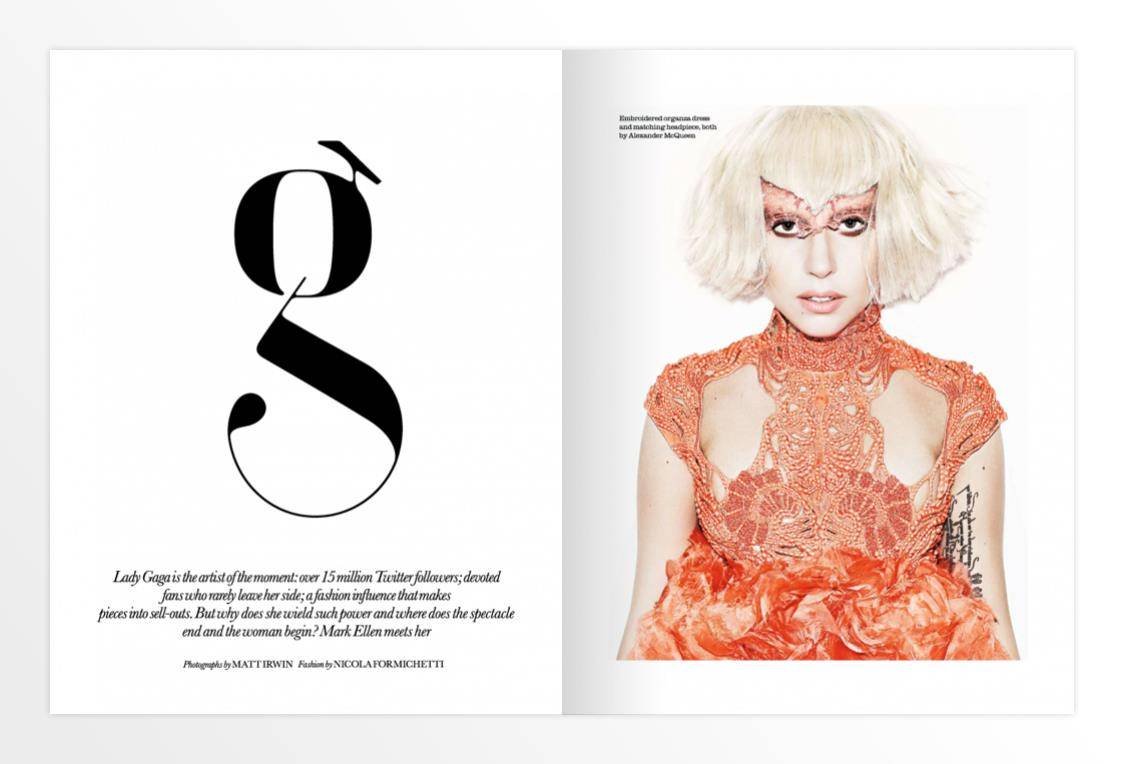 Lady gaga in Elle UK magazine using Paris typeface lowercase g