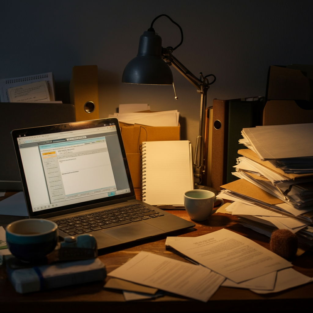 A photographic style image of A cluttered home office with scattered paperwork and disorganized files, symbolizing poor attention to detail and lack of professional organization. high focus, sharp, lots of bright light, extra bright, highly detailed, high quality, dslr, film grain, fujifilm XT3, RAW photo, RAW candid cinema, color graded porta 400, depth of field, hyper realistic, natural-looking, expressive, textured skin, texture, 8k, photorealistic