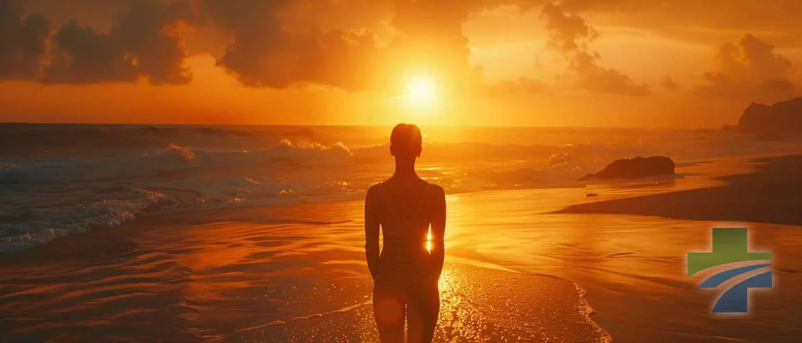 Travel nurse practicing yoga at sunrise on a beach, embodying peace.