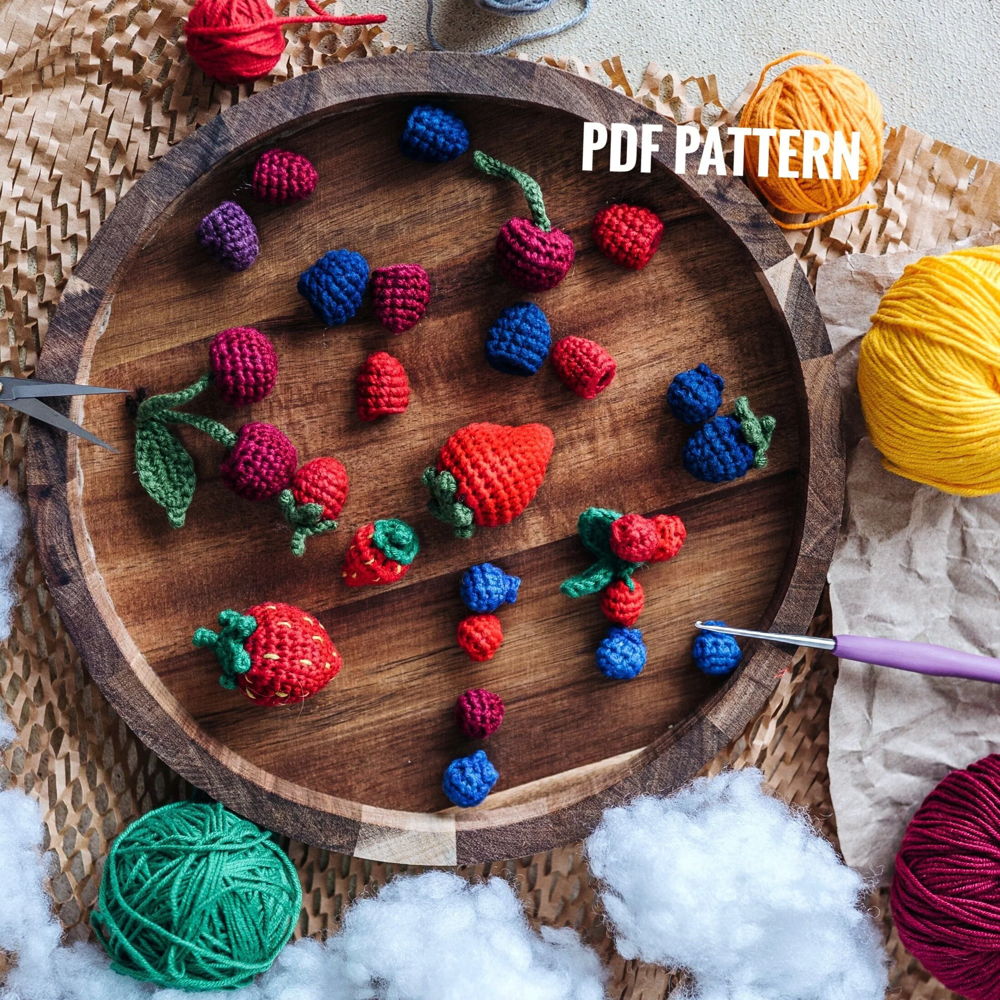 BERRIES crochet pattern 6 in 1: cherry, strawberry, raspberry, blackberry, cranberry, blueberry. Amigurumi Food Cute Crochet Play