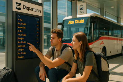 A young couple looks at a digital bus departure board listing destinations like Abu Dhabi and Sharjah at a bus station, with a large bus in the background.