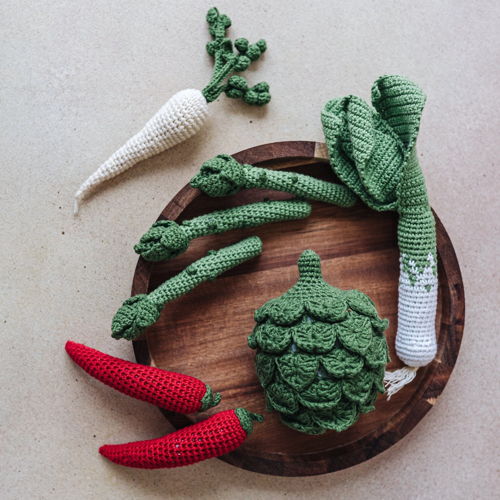 Amigurumi Food Haakpatroon: Artisjok, Prei, Chilipeper, Pastinaak, Asperges. Haak Tutorial Amigurumi Patroon Pretend Play