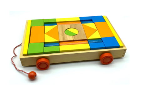 Wooden building puzzle blocks qty 33 in wood tray for toddlers with wheels and pull along handle