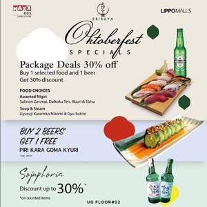 EBISUYA Restaurant: PROMO Package Deals up to 30% & BUY 1 GET 1 FREE! sampai 10/31/2019