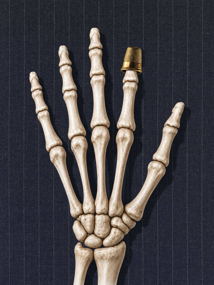 A skeleton hand with a thimble on the pointer finger.