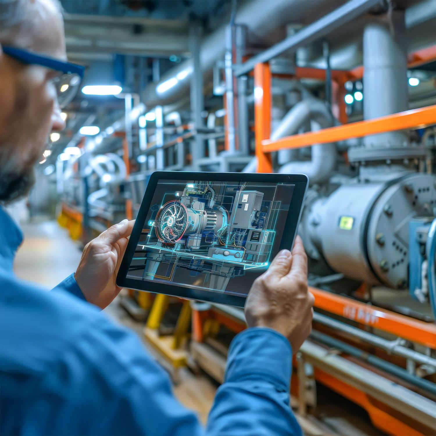 A person in a blue shirt holds a tablet displaying an augmented reality diagram of machinery, standing in an industrial facility with pipes and mechanical equipment in the background.