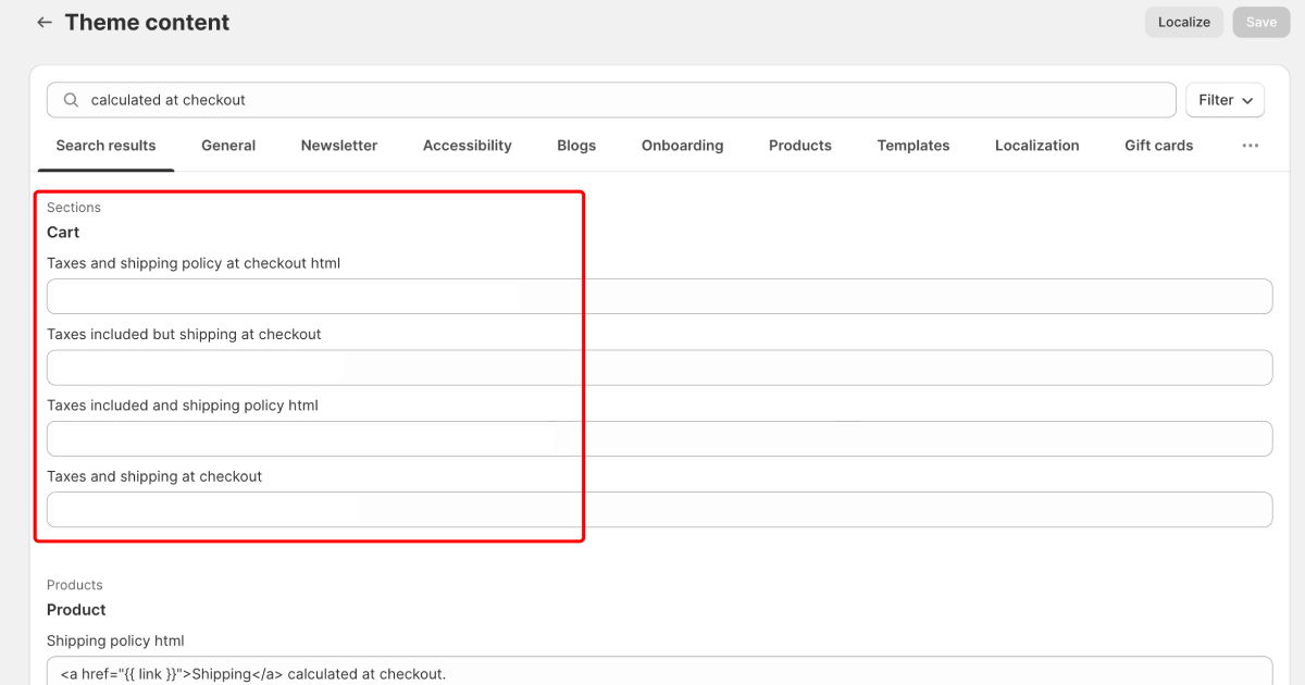 remove shipping calculated at checkout on shopify theme content