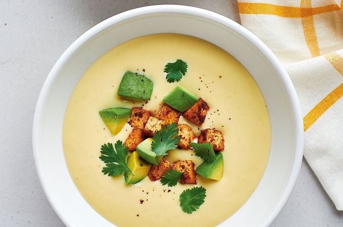 Crème de maïs au tofu barbecue