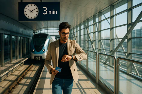 Man in blazer checks watch at train station, holding a transit card. A sign above shows "3 min" indicating arrival time. A train is on the tracks.