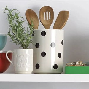 Deco Dot Crock With 3 Wooden Utensils