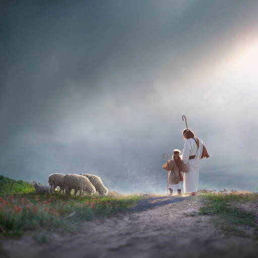 Jesus walking down a path with a child shepherd.