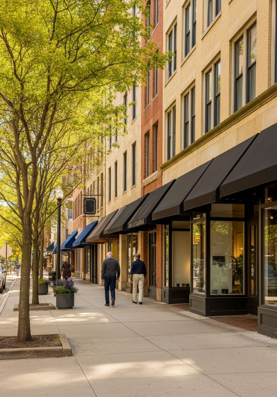 Elegant boutique shopping along Oak Street in Gold Coast, featuring upscale storefronts with tasteful window displays and well-dressed pedestrians. The tree-lined street showcases the neighborhood's refined commercial character that enhances residential property values and lifestyle appeal.