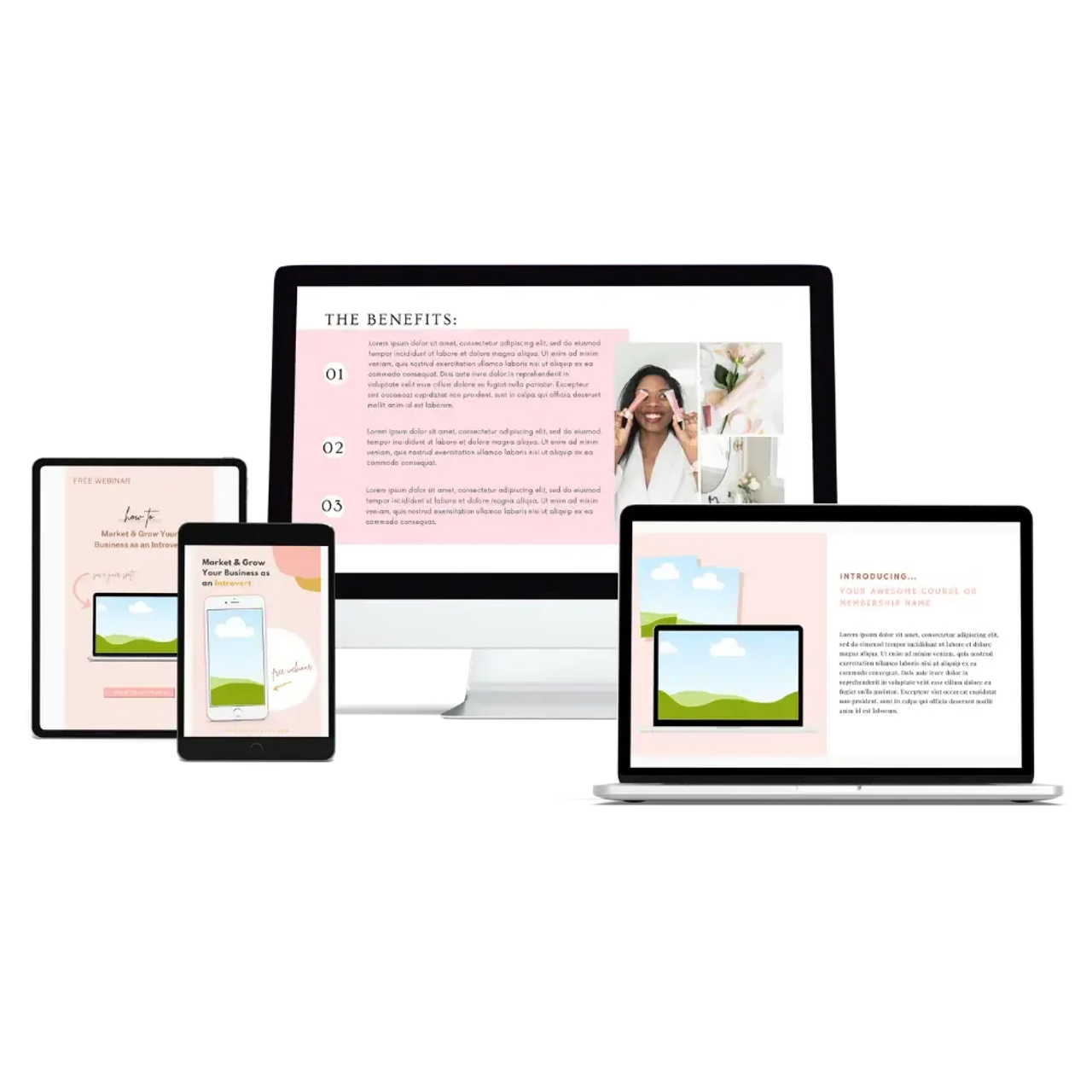 Floating devices showing a desktop presentation and booklet-style pages with landscape illustrations and headings.