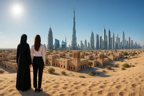 Two women, one in abaya, one in business attire, look at the modern Dubai skyline with the Burj Khalifa towering over traditional architecture in the desert.