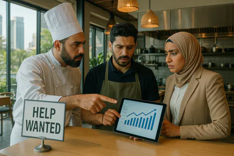 A chef, restaurant worker, and manager analyze a tablet with a graph showing strong business growth. A 'Help Wanted' sign is displayed nearby, suggesting expansion and hiring.