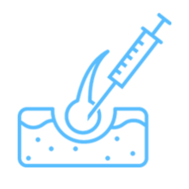 Syringe injects liquid into skin through a curved splitter, with a blue outline and dotted vaccine section.