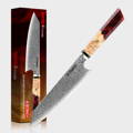 Elevate your cooking game with this stunning Kiritsuke Damascus Knife featuring a red handle and elegant wooden details.