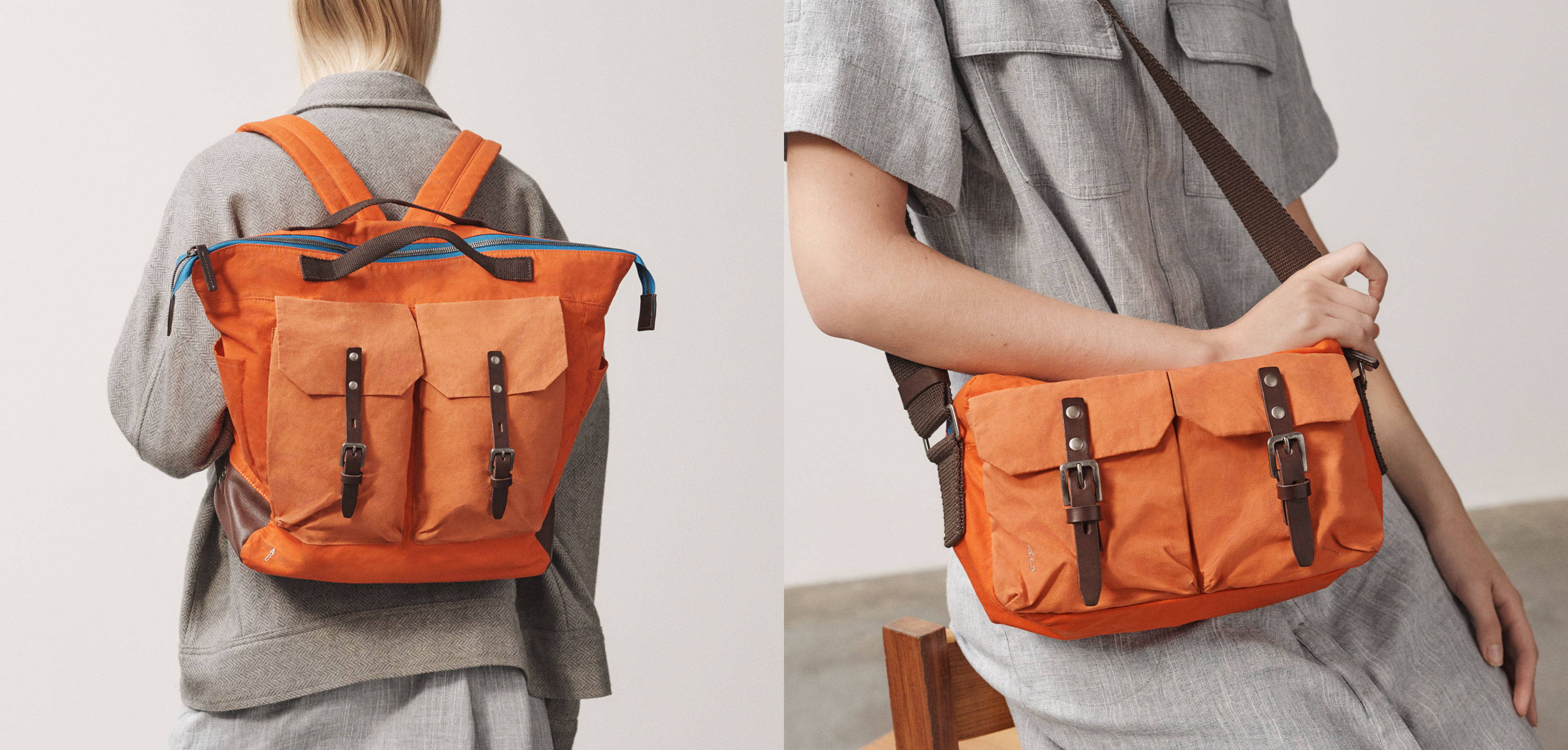 Ally Capellino AW22 Pre Fall Campaign Bi-Colour Waxed Cotton Backpack and Crossbody Bag