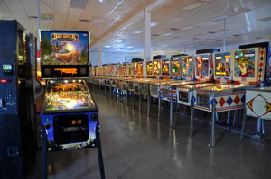 Rows of playable games at the Pinball Hall of Fame