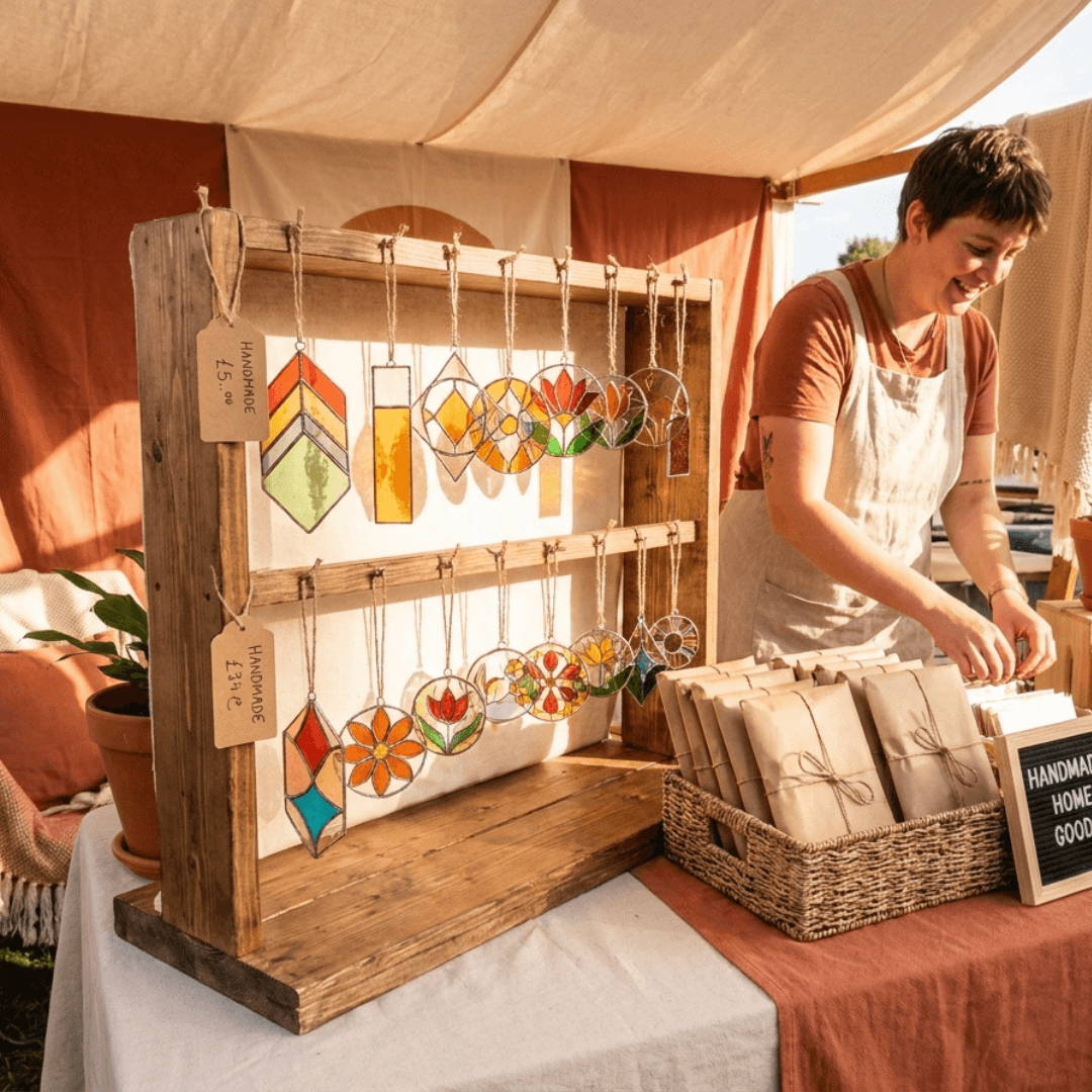 Handmade stained glass pieces laid out on a craft market stall